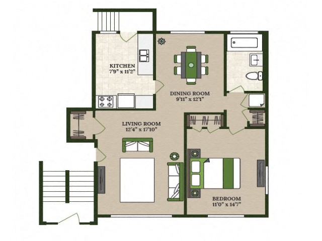 Floor plan for 1 bed, 1 bath, 790 sqft